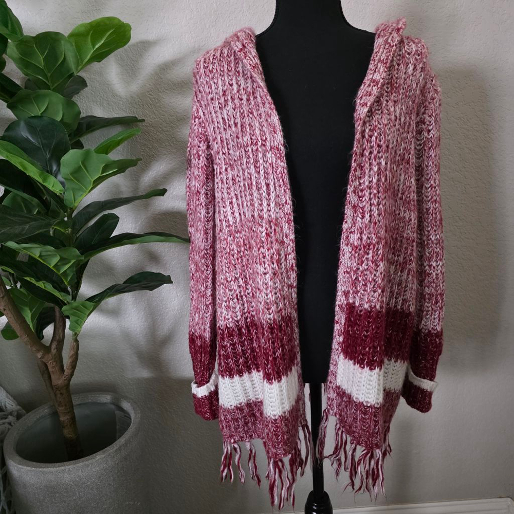 Women's Almost Famous Red White Striped Hooded Cardigan Sweater M